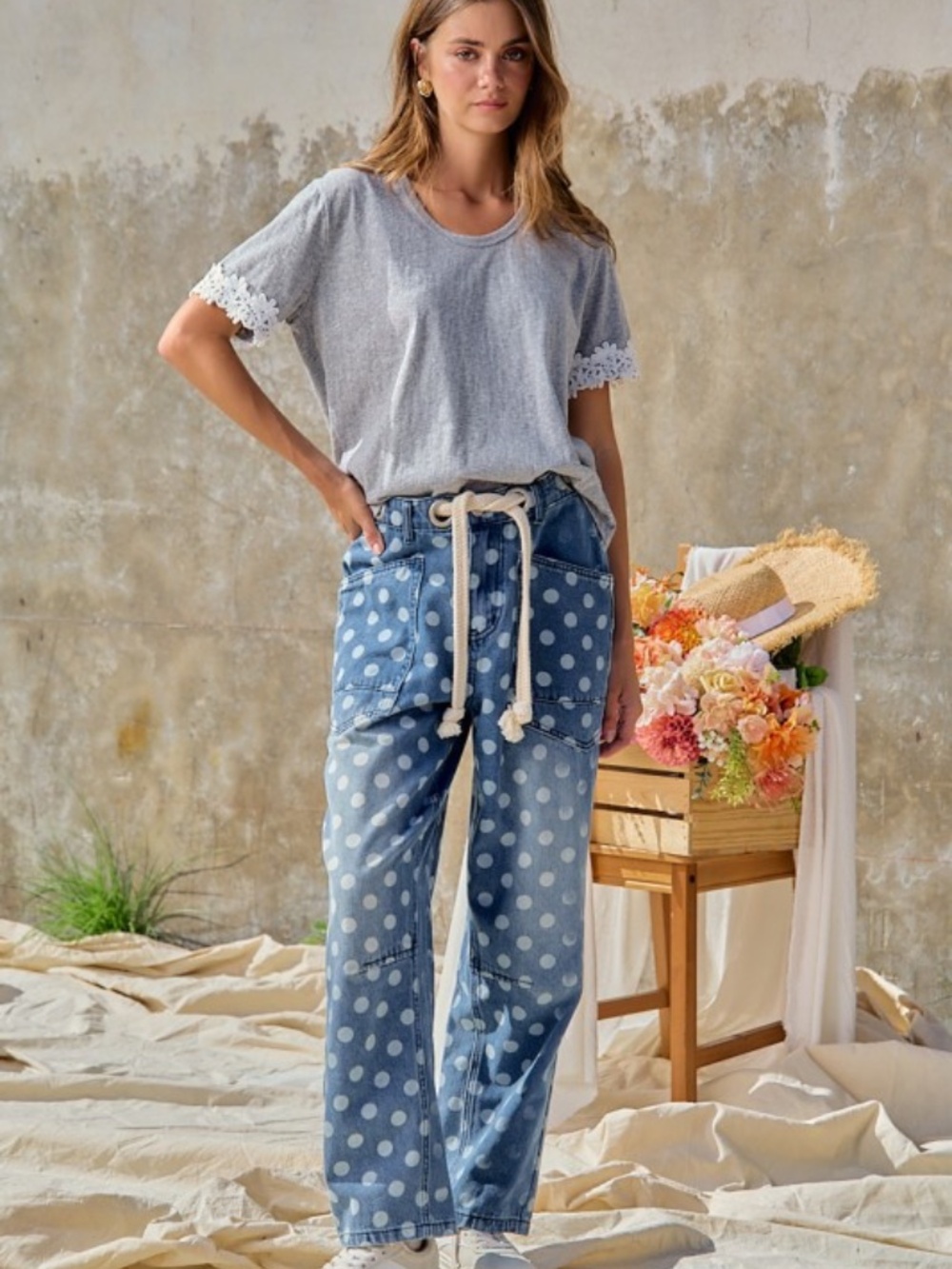 "The Harmony" Polka Dot Printed Denim Pants With Waist Belt - Picture 8 of 8